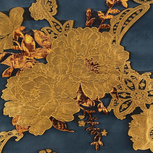 Metallic Tree Peony Brocade Chiffon - Copper/Dark Orange