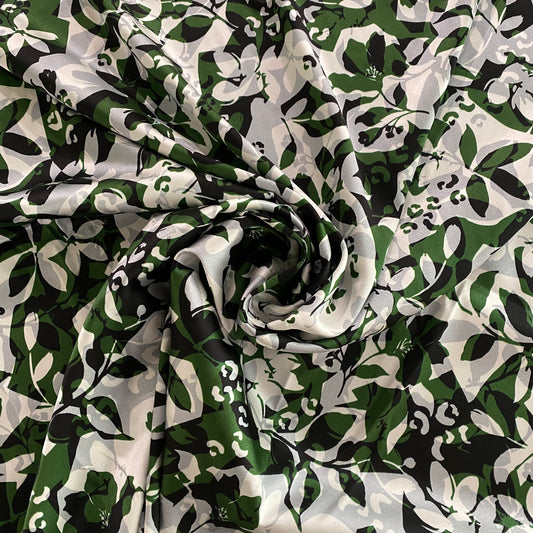 Graphic Floral Stencil Stretch Silk Satin - Green / White