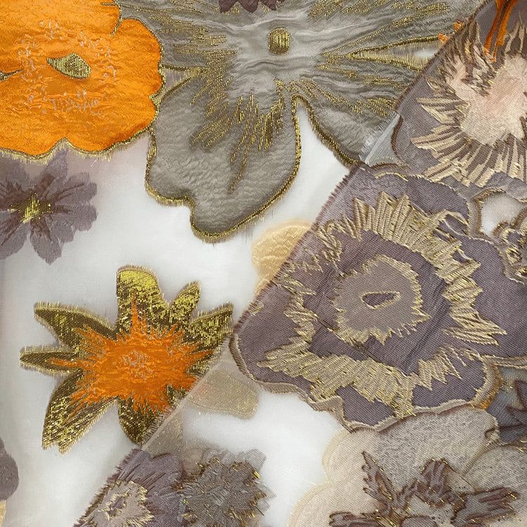 Metallic Large Simple Floral Brocade Chiffon - Orange/Rosy Brown