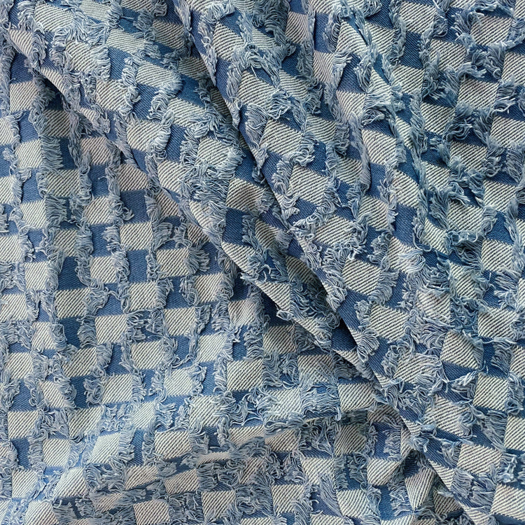 Fringed Check Cotton/Poly Denim - Tonal Blue