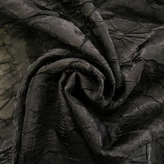 Daisy & Tulip Floral Motif Plisse Organza - Black