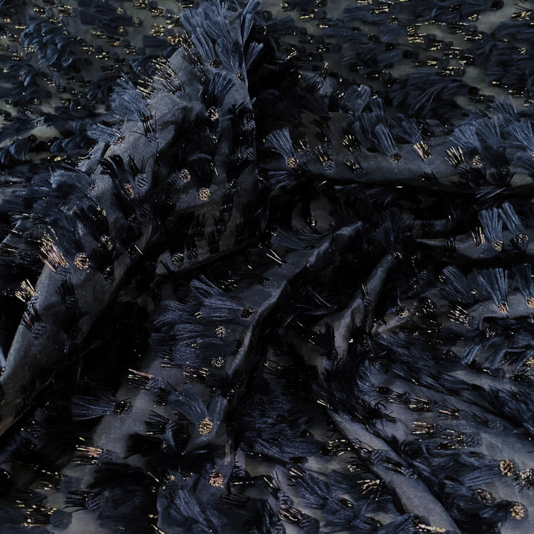 Organza Dobby - Metallic & Faux Fur Fringing - Navy/Midnight