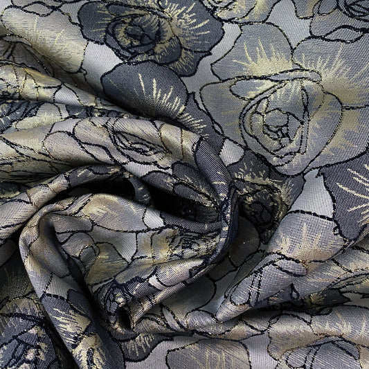 Raised Edge Rose Brocade - Metallic- Silver/Slate Grey