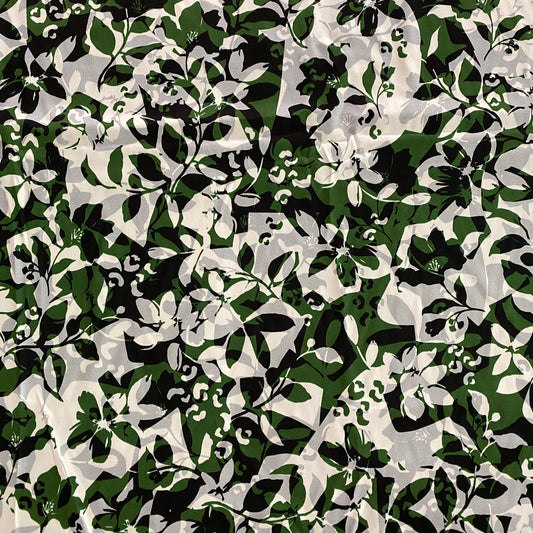 Graphic Floral Stencil Stretch Silk Satin - Green / White