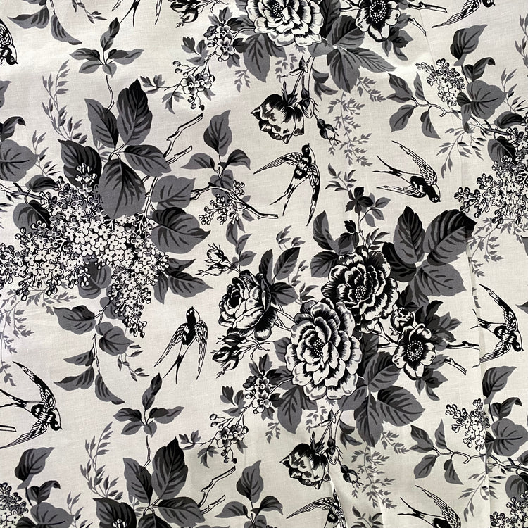 Rose & Swallow Cotton Lawn - Black/White