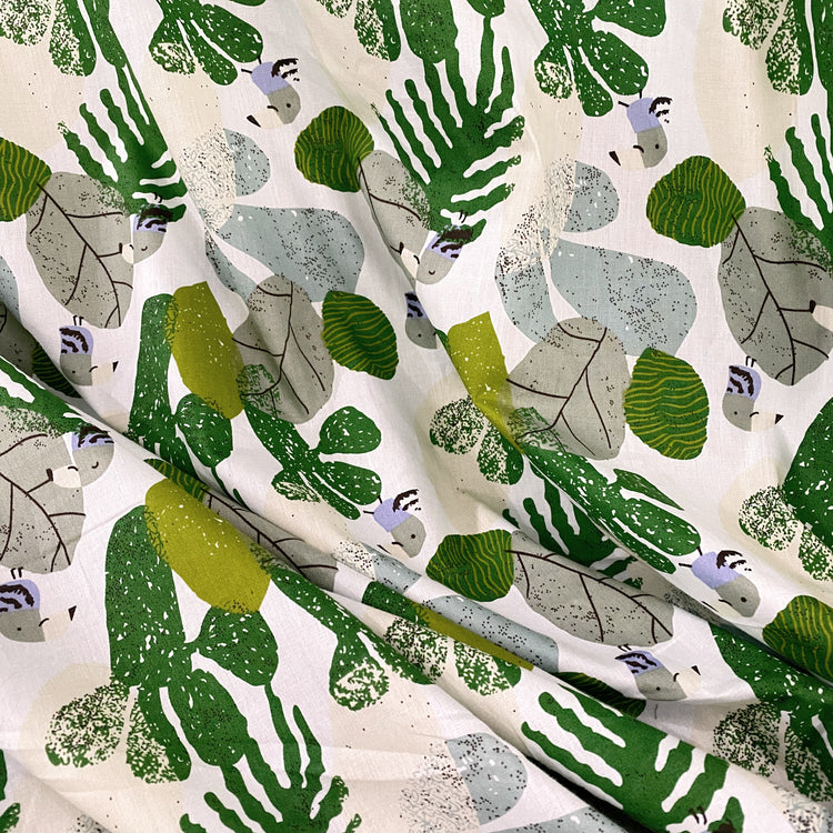 Birds & Leaves Storybook Illustration Cotton Lawn - Green