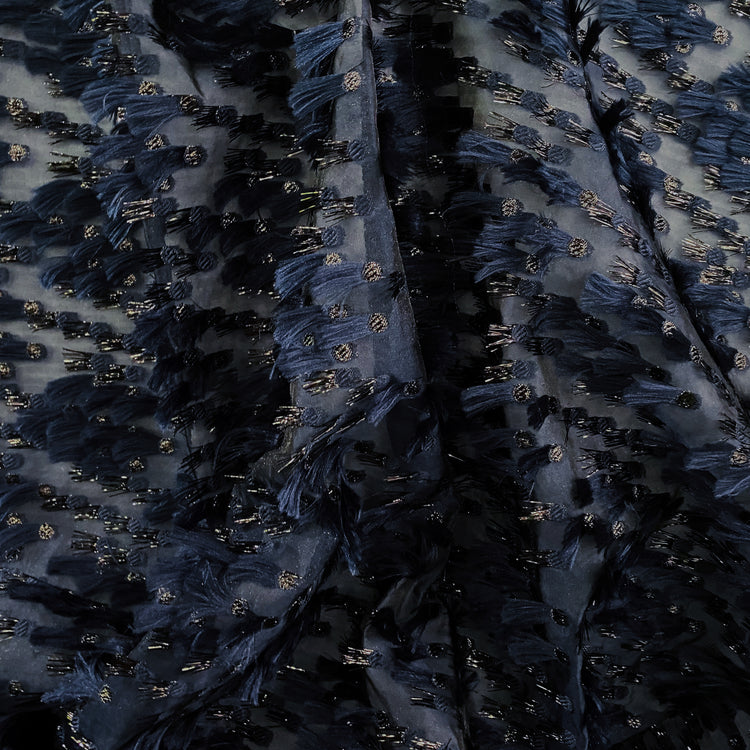 Organza Dobby - Metallic & Faux Fur Fringing - Navy/Midnight