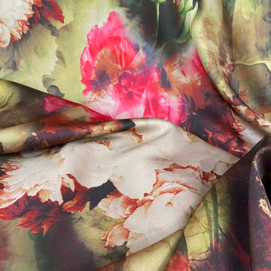 Silk Foral Satin - Green/Pink