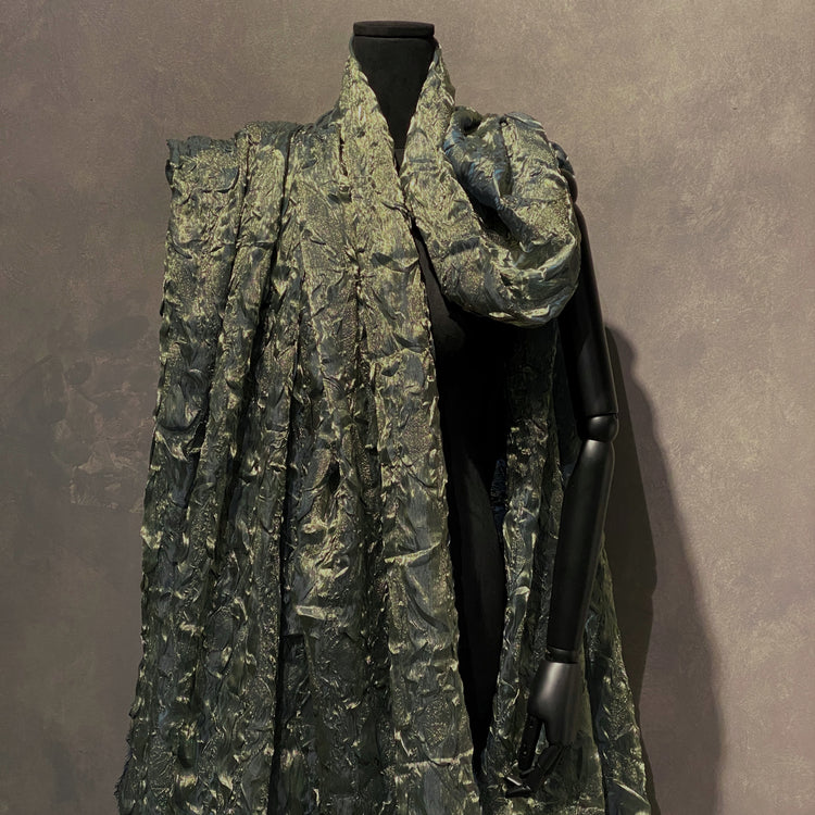 Geode Textured Plisse Shot Organza - Dark Sea Green / Light Gold