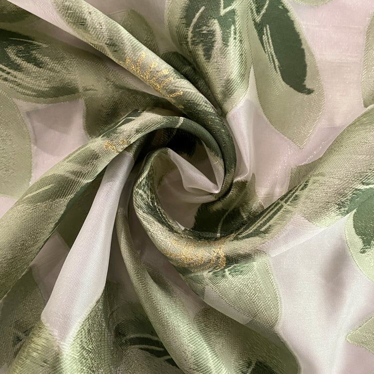 Tropical Flower Organza Jacquard - Light Green / White / Metallic Gold