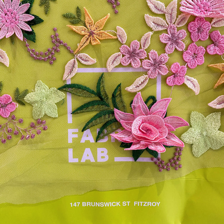 Tanti Fiori Embroidered 3D Applique Floral Tulle - Pink / Chartreuse