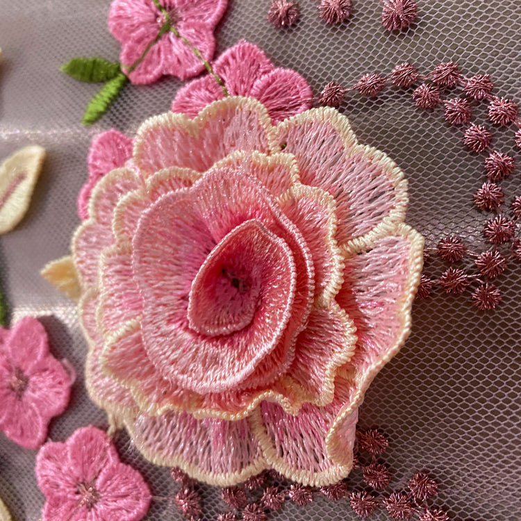 Tanti Fiori Embroidered 3D Applique Floral Tulle - Pink / Chartreuse