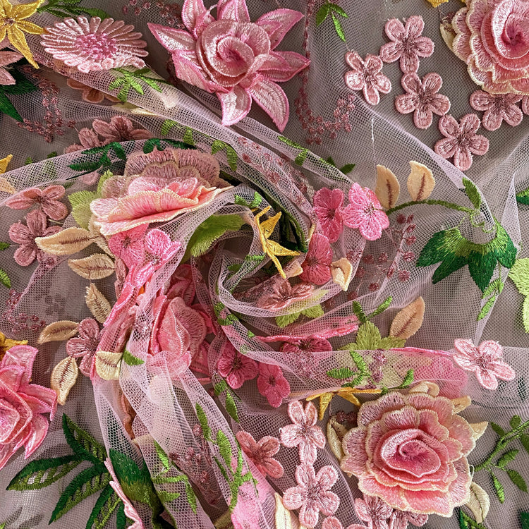 Tanti Fiori Embroidered 3D Applique Floral Tulle - Pink / Chartreuse