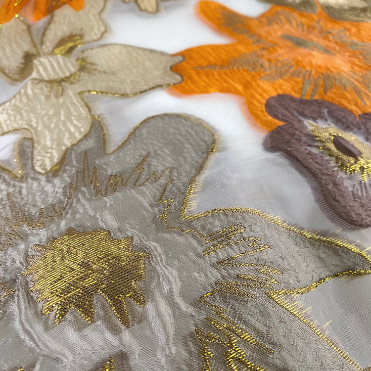 Metallic Large Simple Floral Brocade Chiffon - Orange/Rosy Brown