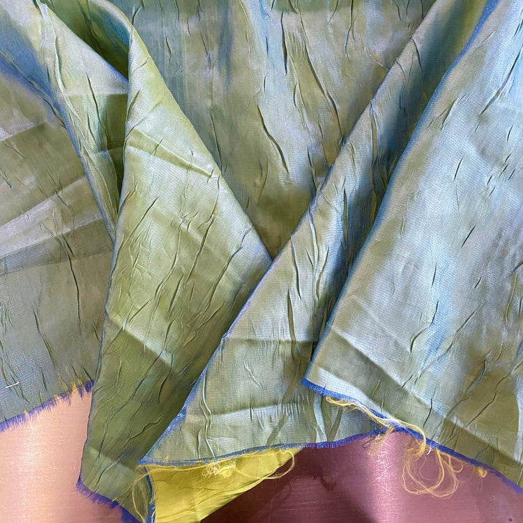 Creased Shot Twill Taffeta - Metallic Blue / Yellow Green