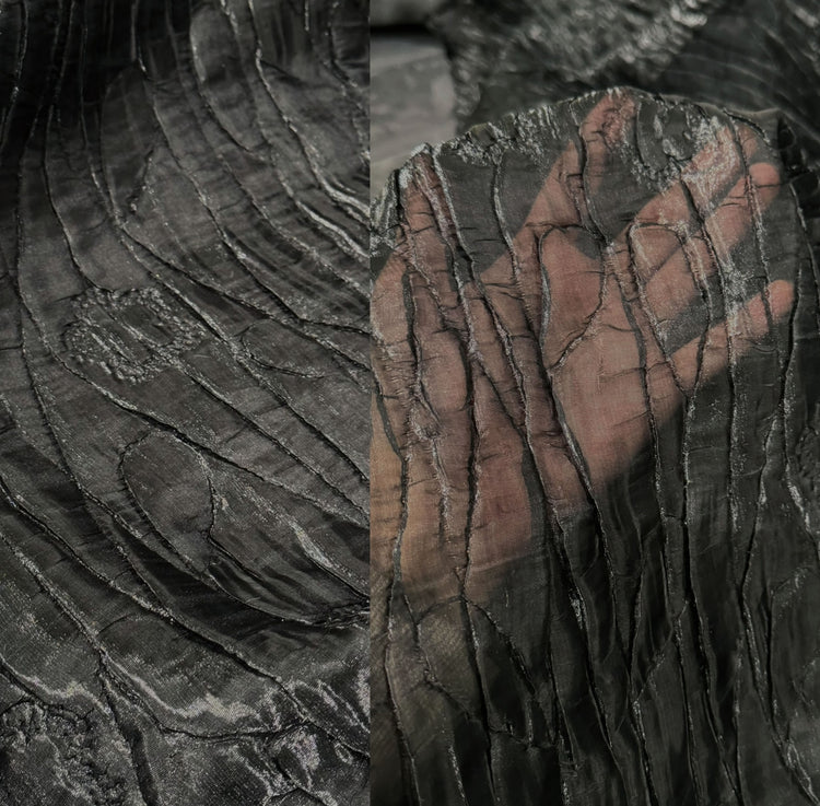 Flower & Leaf Motif Bark Texture Plisse Organza - Black