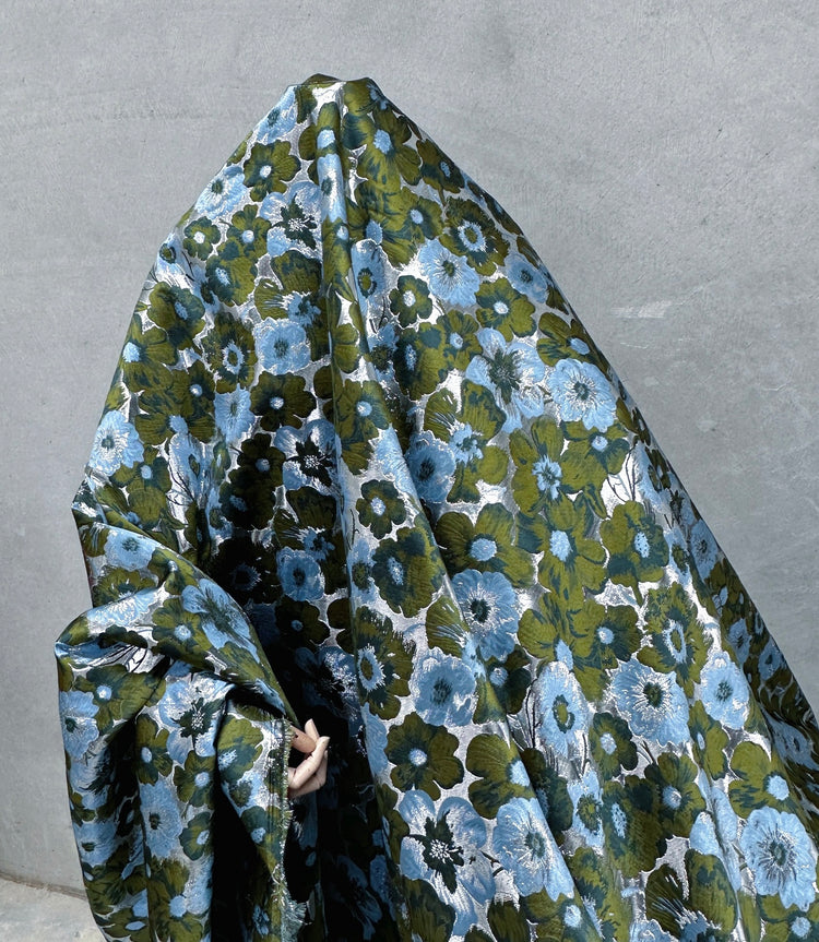 Daisy Bouquet Metallic Brocade - Dark Olive/Cadet Blue