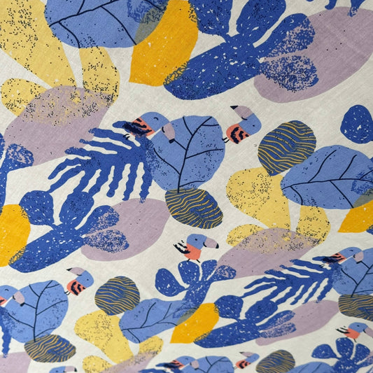 Birds & Leaves Storybook Illustration Cotton Lawn - Cornflower/Gold