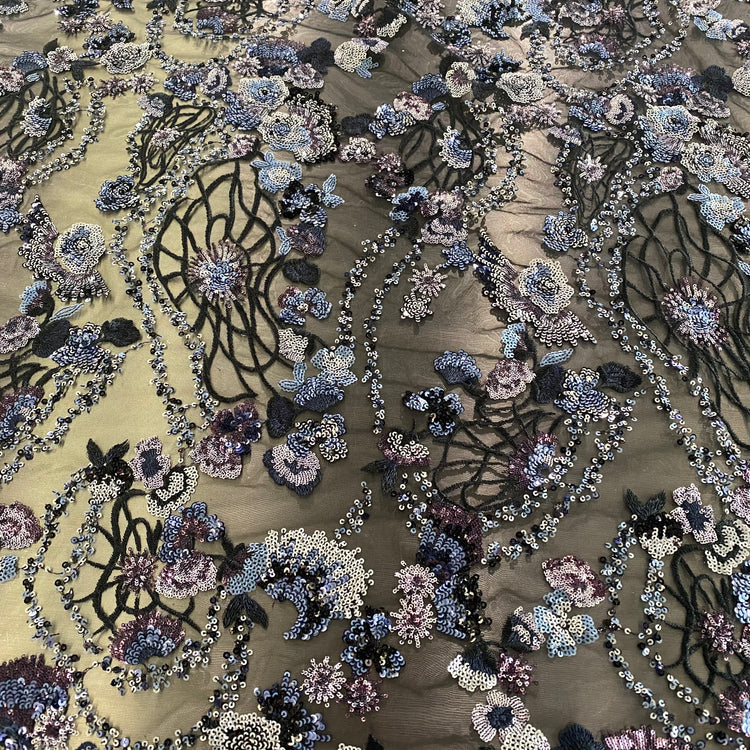 Spring Blossom Sequined Tulle - Black/Lavender