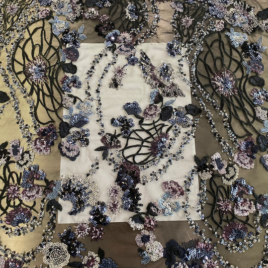 Spring Blossom Sequined Tulle - Black/Lavender