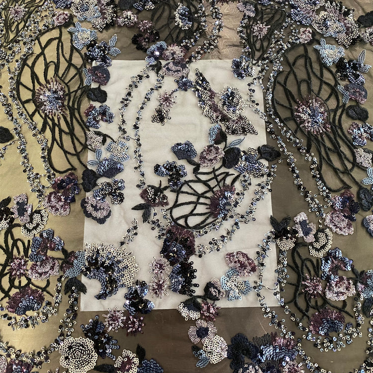 Spring Blossom Sequined Tulle - Black/Lavender