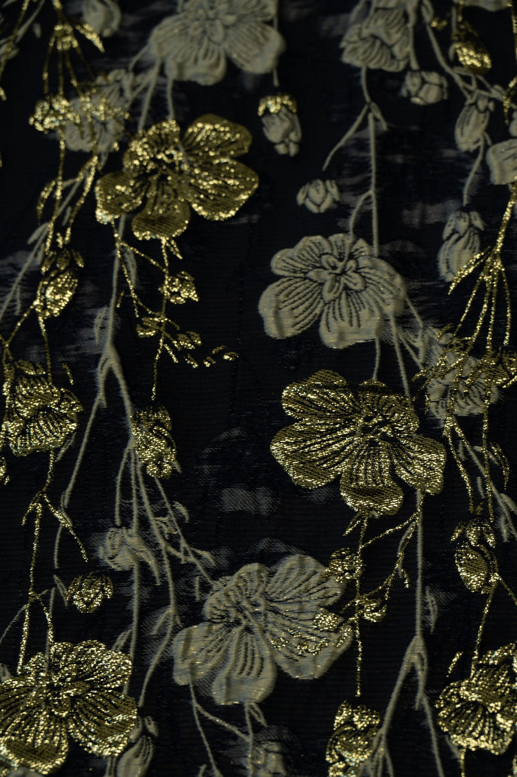 Cinquefoil Flower Brocade - Midnight Blue/Gold Metallic