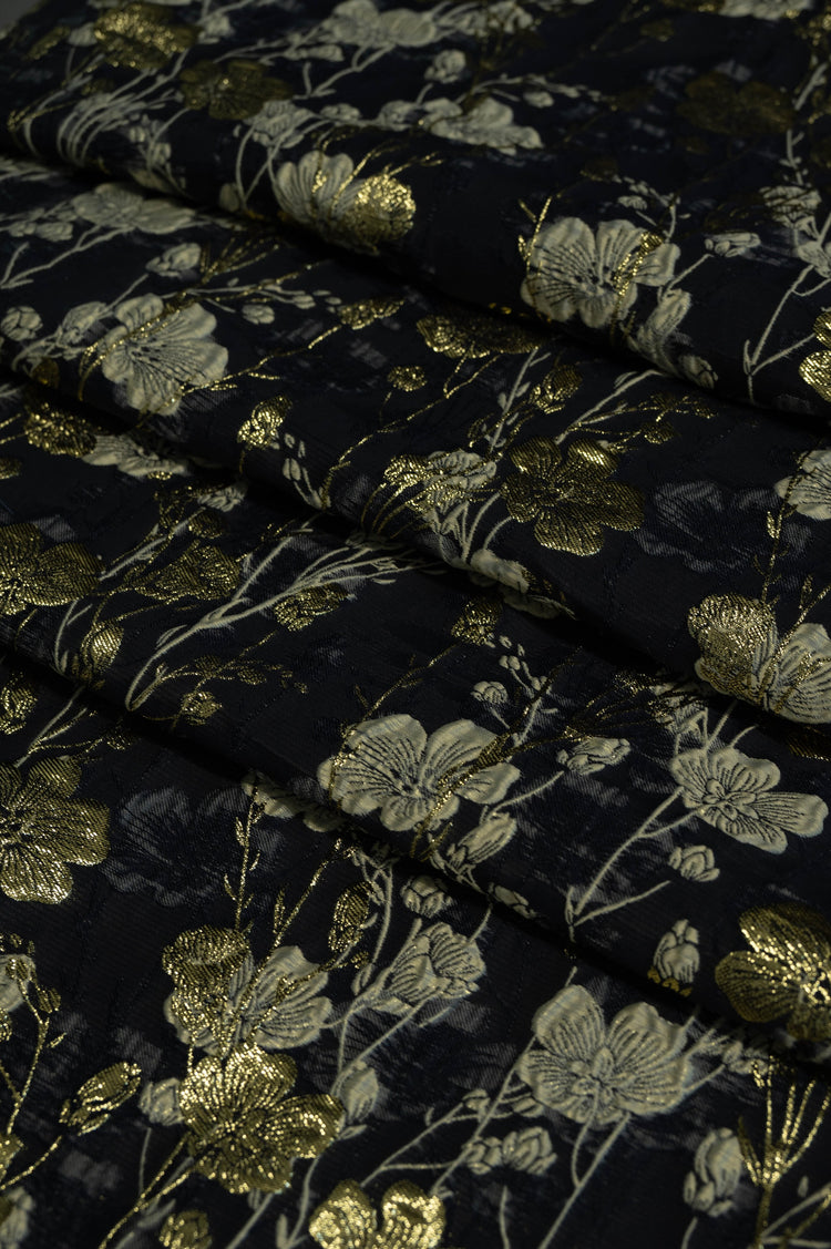Cinquefoil Flower Brocade - Midnight Blue/Gold Metallic