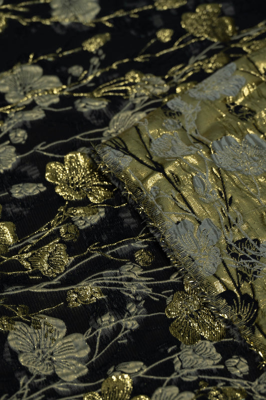 Cinquefoil Flower Brocade - Midnight Blue/Gold Metallic