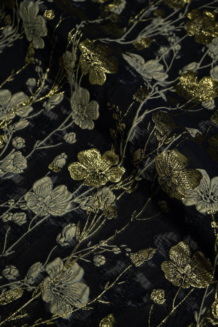 Cinquefoil Flower Brocade - Midnight Blue/Gold Metallic