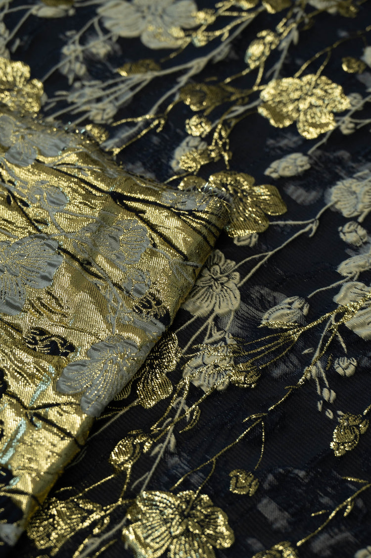 Cinquefoil Flower Brocade - Midnight Blue/Gold Metallic