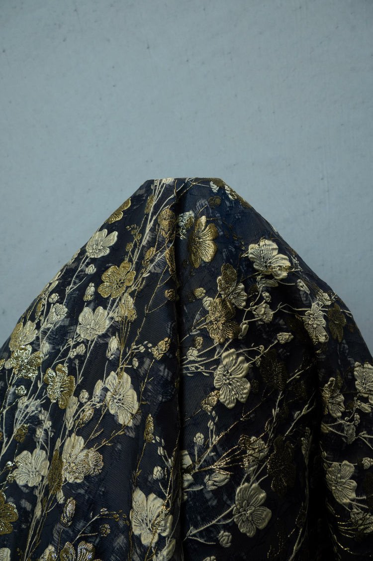 Cinquefoil Flower Brocade - Midnight Blue/Gold Metallic