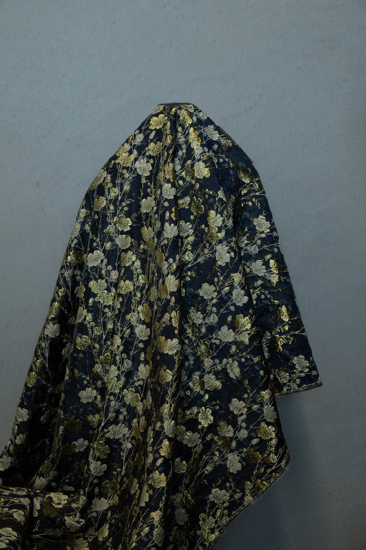 Cinquefoil Flower Brocade - Midnight Blue/Gold Metallic