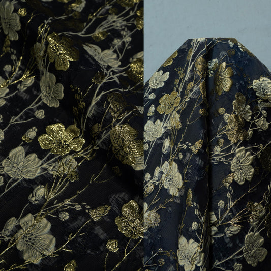 Cinquefoil Flower Brocade - Midnight Blue/Gold Metallic