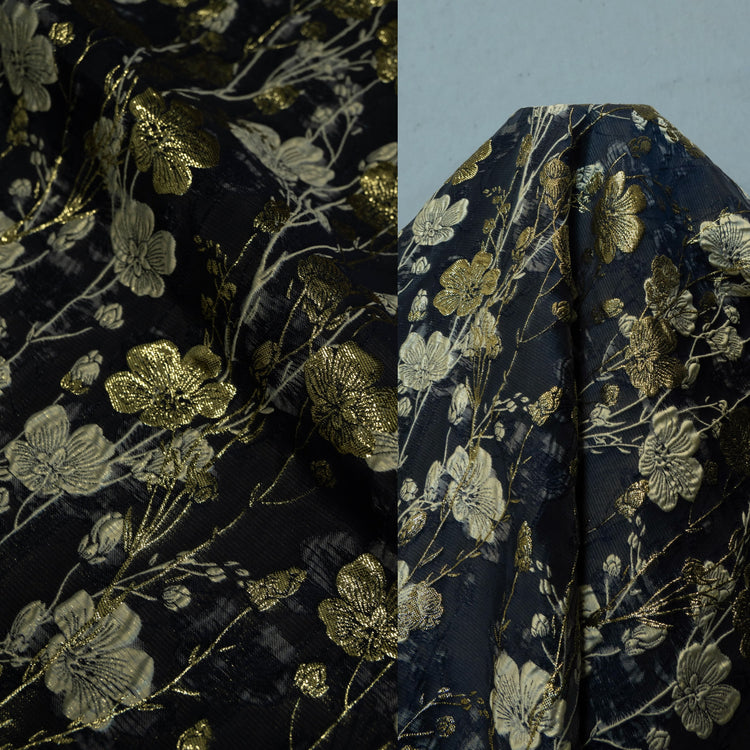 Cinquefoil Flower Brocade - Midnight Blue/Gold Metallic