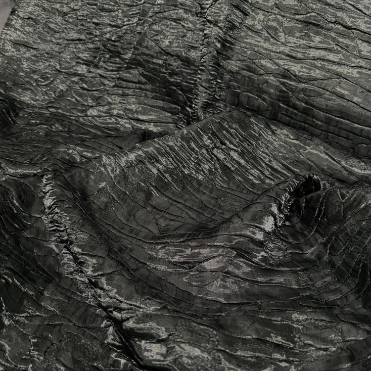 Flower & Leaf Motif Bark Texture Plisse Organza - Black