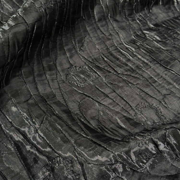 Flower & Leaf Motif Bark Texture Plisse Organza - Black