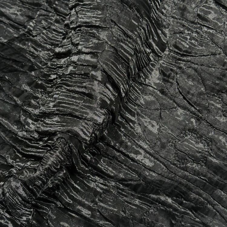 Flower & Leaf Motif Bark Texture Plisse Organza - Black