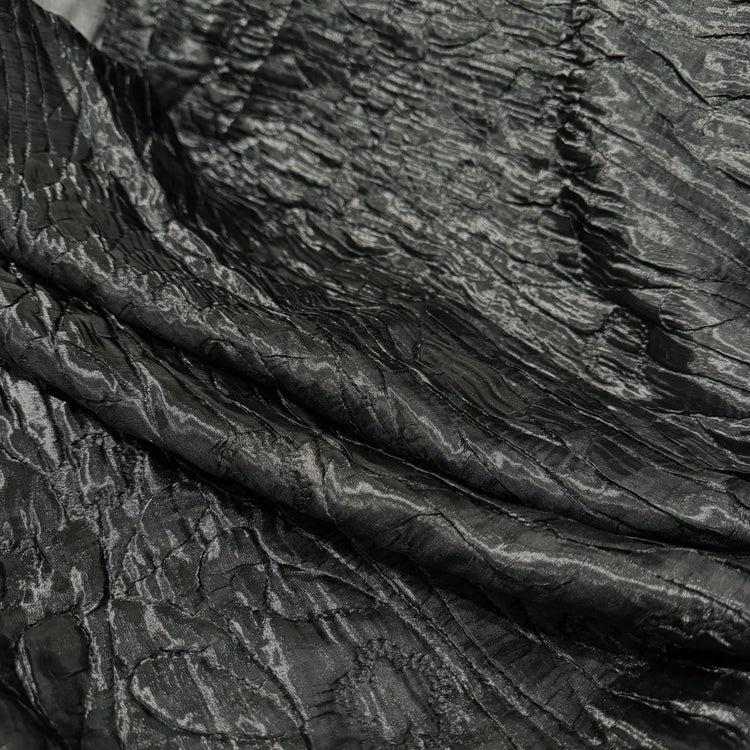 Flower & Leaf Motif Bark Texture Plisse Organza - Black