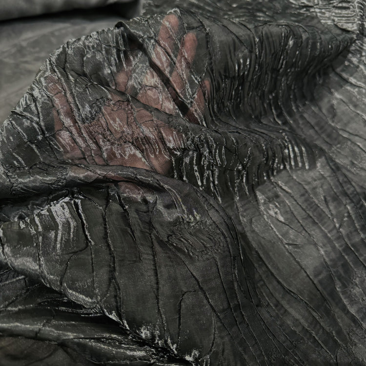 Flower & Leaf Motif Bark Texture Plisse Organza - Black