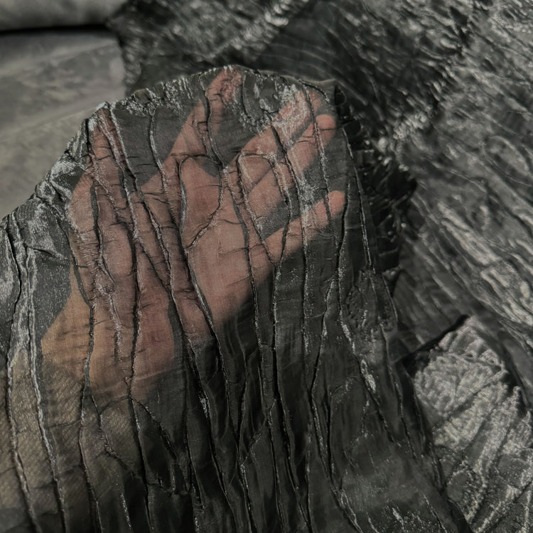 Flower & Leaf Motif Bark Texture Plisse Organza - Black