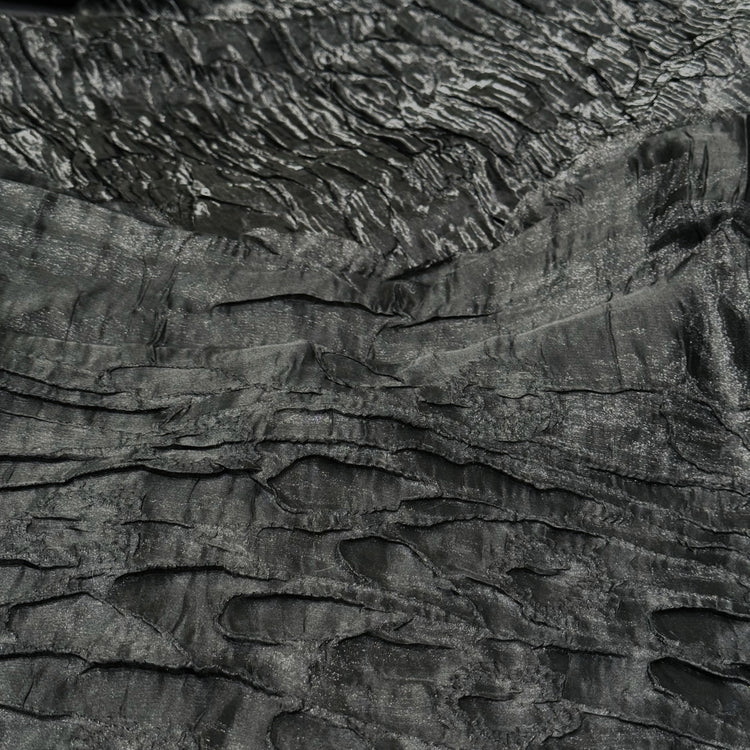 Flower & Leaf Motif Bark Texture Plisse Organza - Black