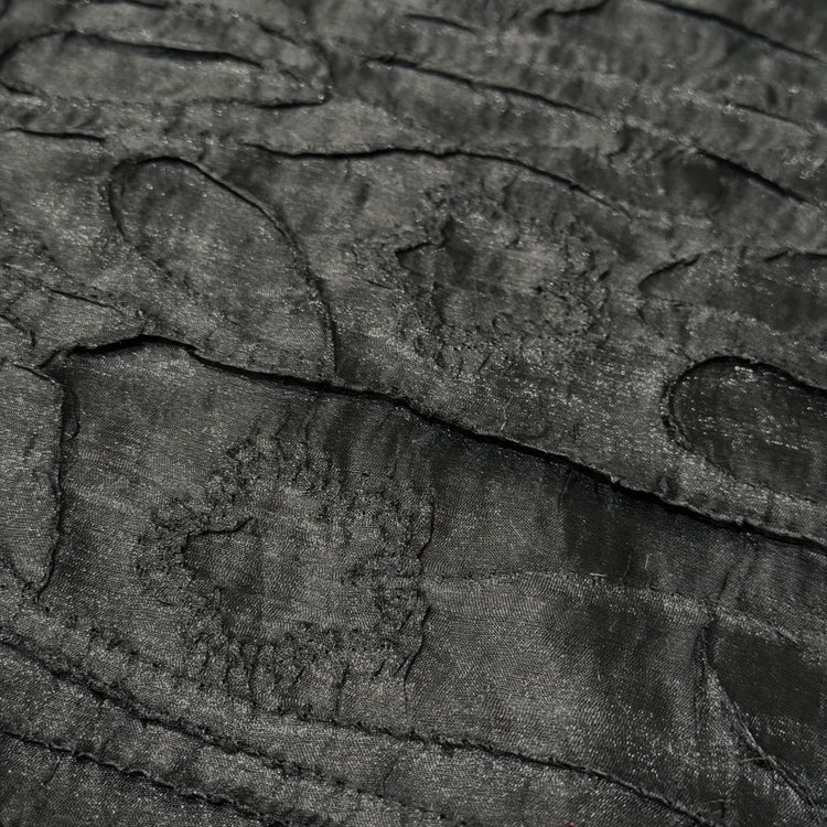 Flower & Leaf Motif Bark Texture Plisse Organza - Black