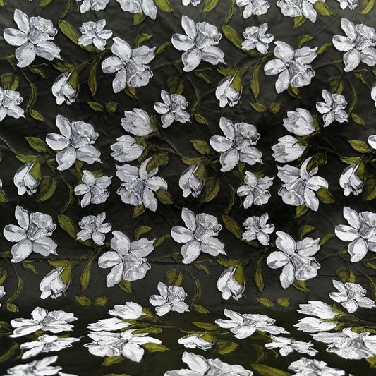 Wrinkled Daffodil Satin Jacquard -  White/Moss Green