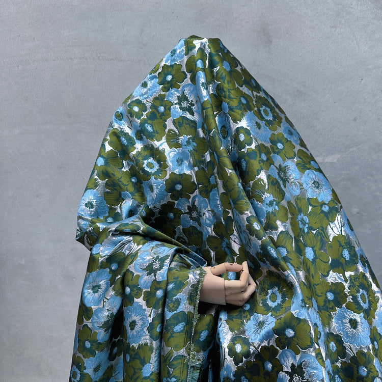 Daisy Bouquet Metallic Brocade - Dark Olive/Cadet Blue
