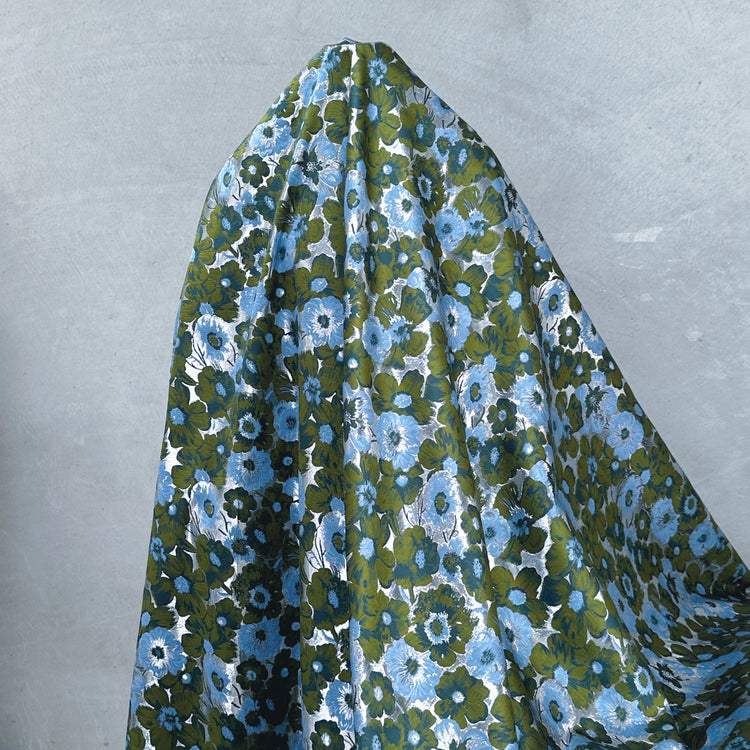 Daisy Bouquet Metallic Brocade - Dark Olive/Cadet Blue