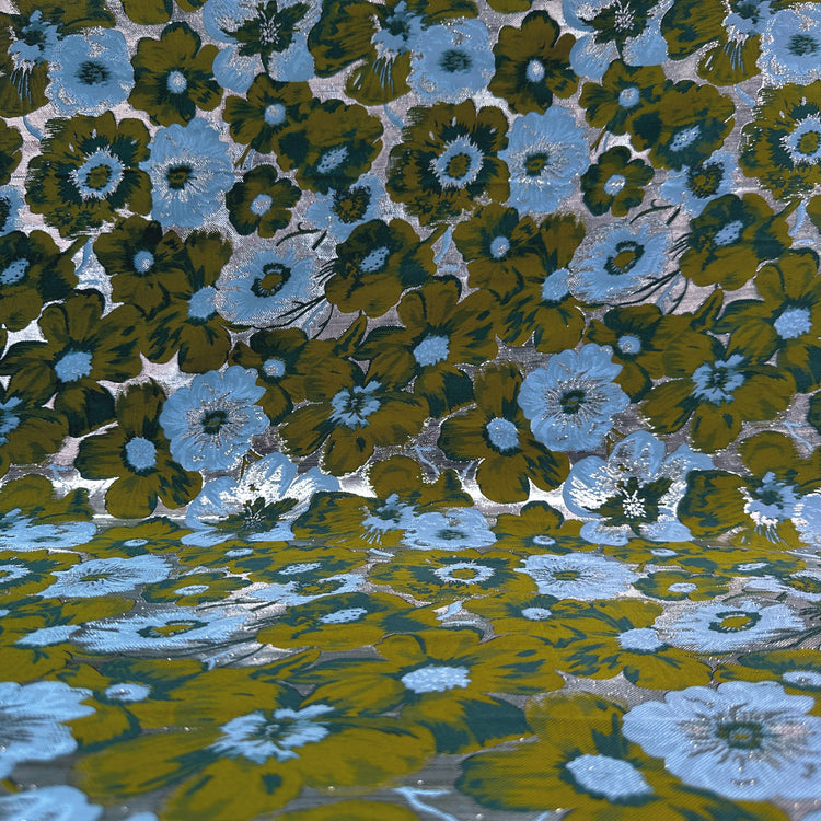 Daisy Bouquet Metallic Brocade - Dark Olive/Cadet Blue
