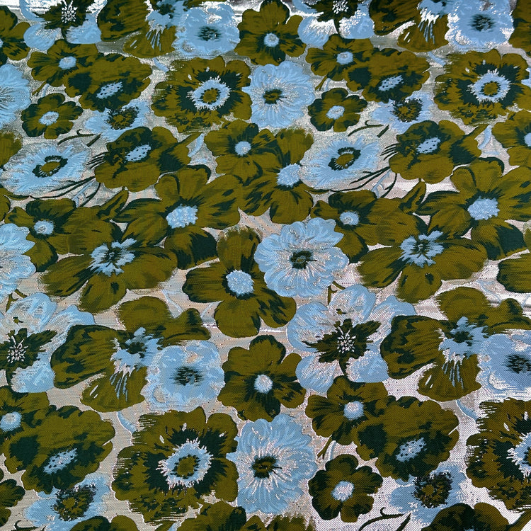 Daisy Bouquet Metallic Brocade - Dark Olive/Cadet Blue