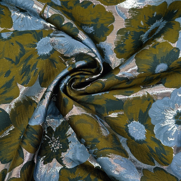 Daisy Bouquet Metallic Brocade - Dark Olive/Cadet Blue