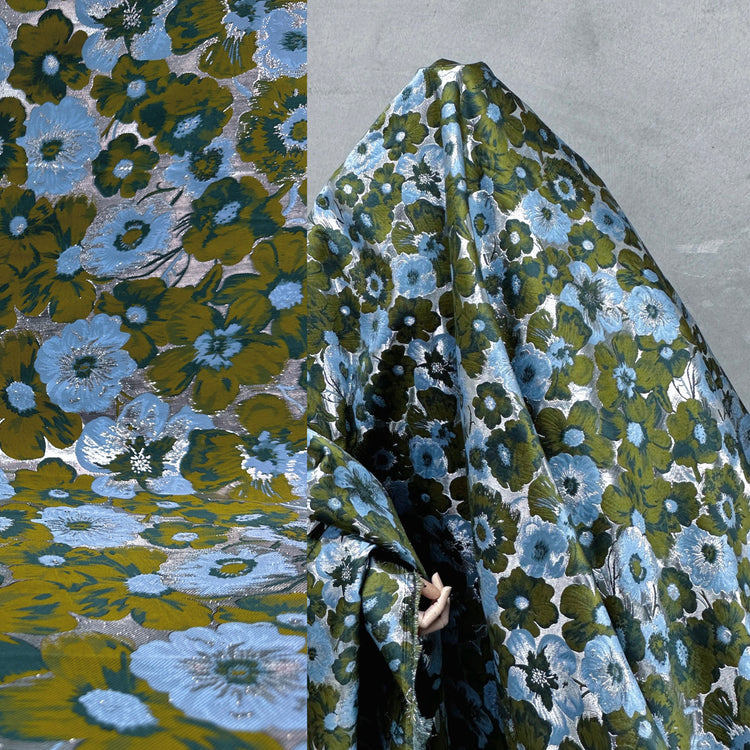 Daisy Bouquet Metallic Brocade - Dark Olive/Cadet Blue