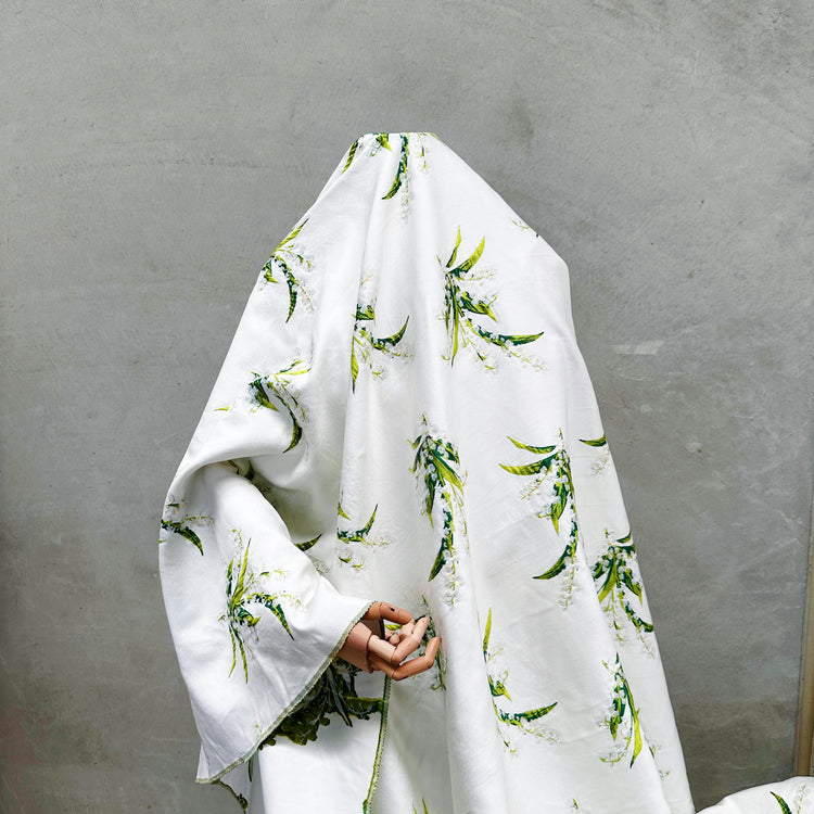 Lily of the valley Motif Dobby Gabardine - White/Forest Green
